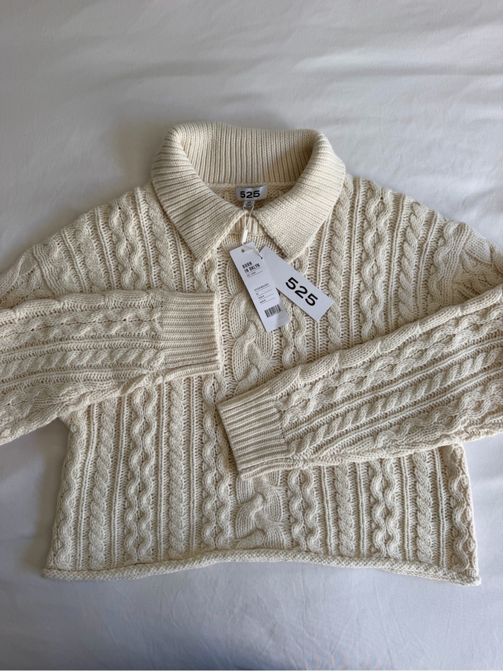 NWT 525 America Ivory Chalk Cable Knit Polo Cropped Relaxed Sweater